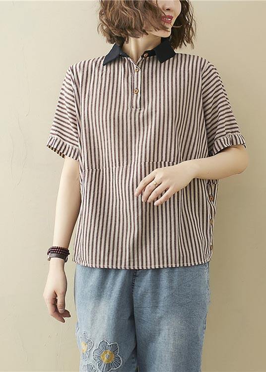 Art Khaki Striped Patchwork Linen Summer Top