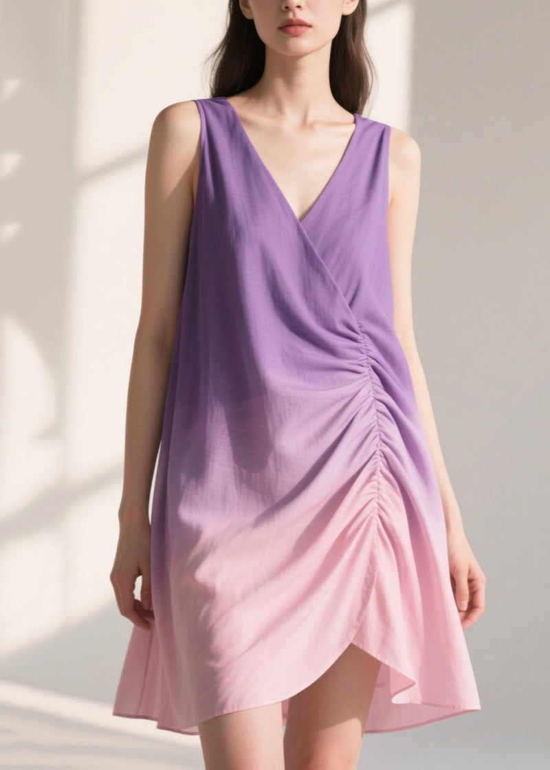 Gradient Purple Wrinkled Cotton Sun Dresses Summer