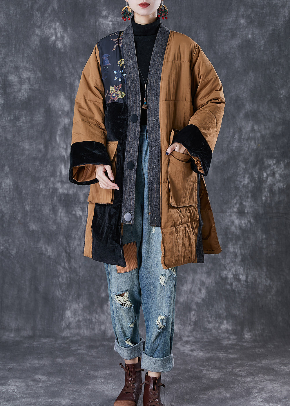Coffee V Neck Patchwork Pockets Fine Cotton Filled Jackets Winter