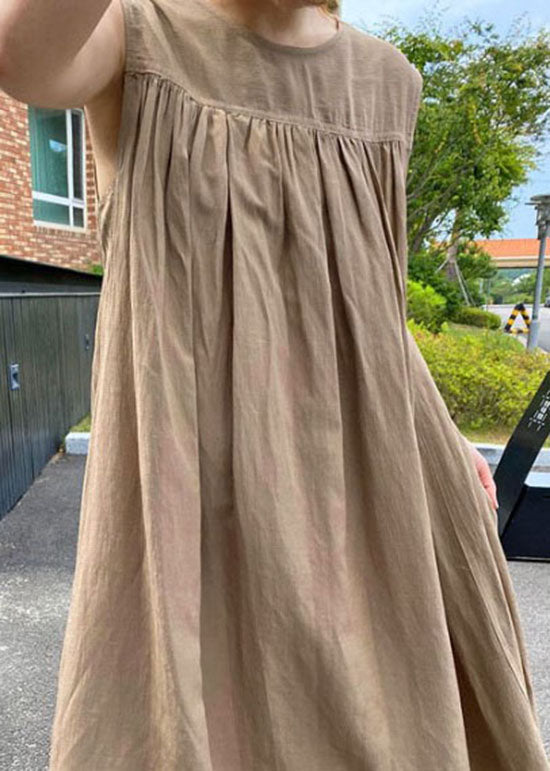 Simple Khaki O-neck Cotton Long Dresses Sleeveless