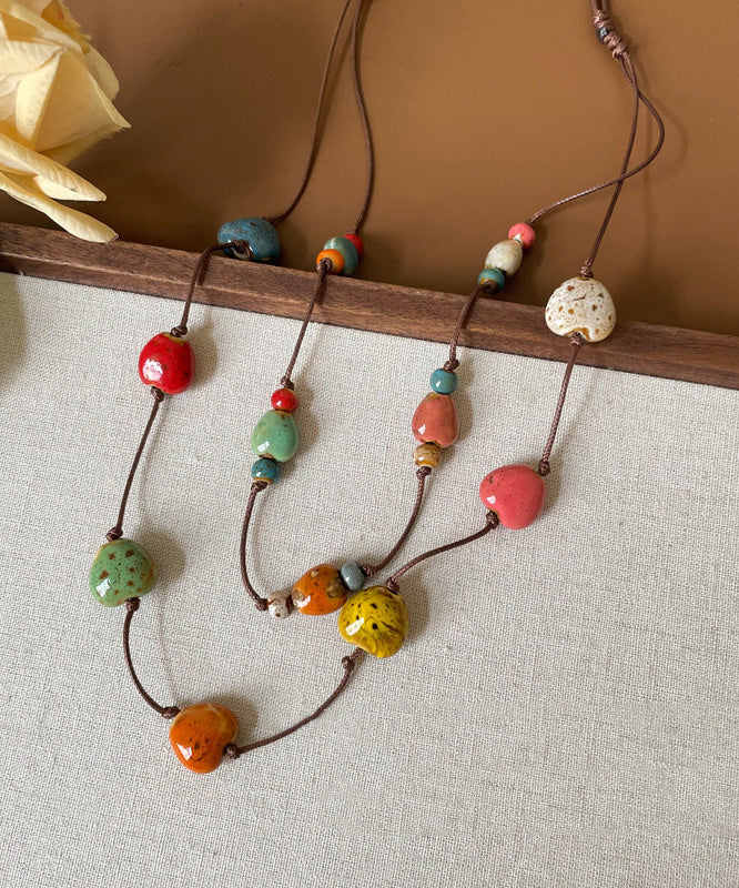 Rainbow Wax Rope Ceramic Double-layer Pendant Necklace