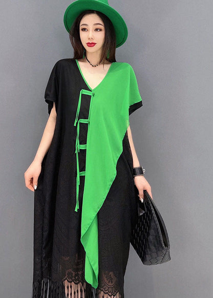 Colorblock Asymmetrical Patchwork Tassel Lace Vacation Dress Short Sleeve