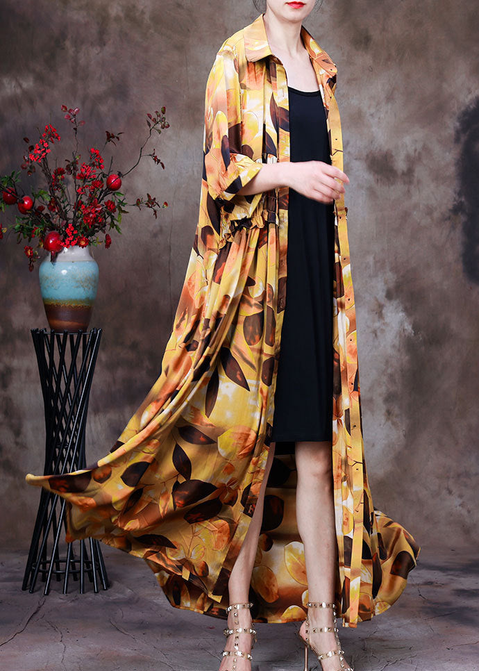 Yellow Peter Pan Collar Print Wrinkled Silk Long Shirt Dress Half Sleeve