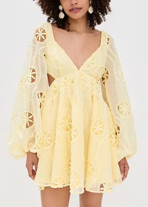 Stylish Yellow Embroidered Hollow Out Cotton Mini Dress Lantern Sleeve