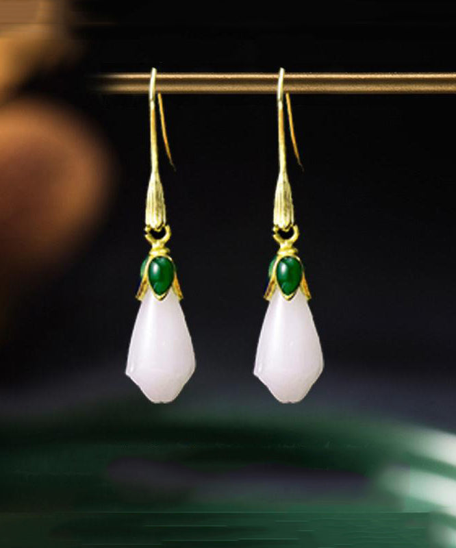 Gold Sterling Silver Overgild Jade Cloisonne Orchid Stud Earrings
