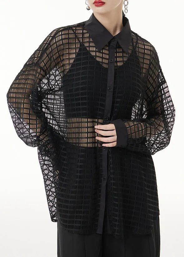 Black Peter Pan Collar Hollow Out Patchwork Lace Shirts Long Sleeve