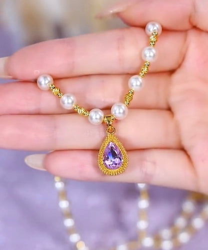 Purple Sterling Silver Overgild Pearl Water Drop Pendant Necklace