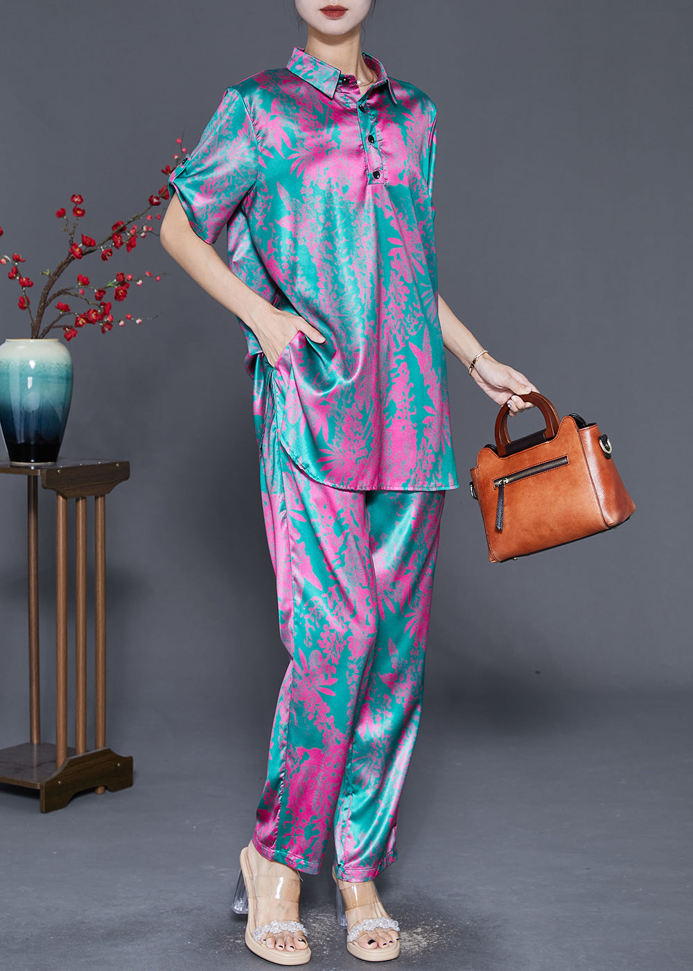 Rose Print Silk Two Piece Set Clothing Side Open Fall