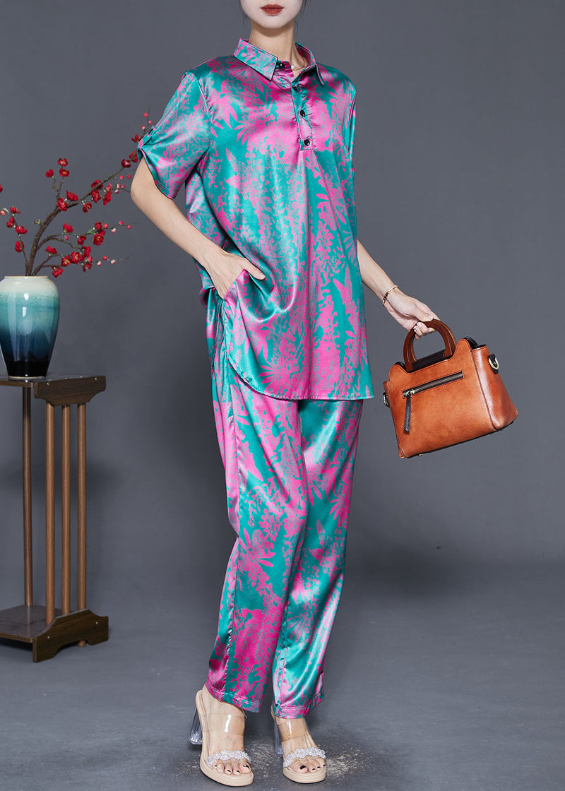 Rose Print Silk Two Piece Set Clothing Side Open Fall
