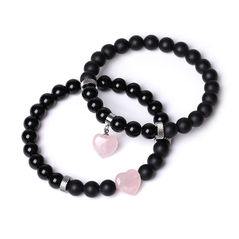 Buddha Stones 2pcs Black Onyx Crystal Stone Love Heart Protection Support Couple Bracelet
