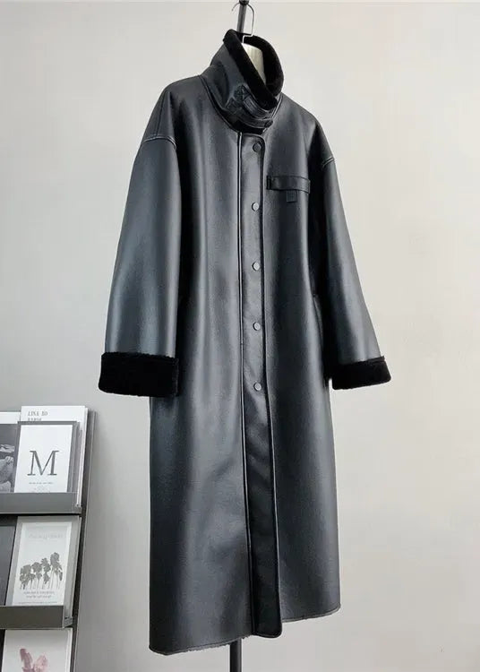 Boutique Black Stand Collar Leather and Fur Warm Coat Winter