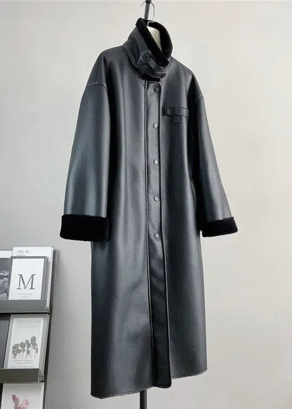 Boutique Black Stand Collar Leather and Fur Warm Coat Winter