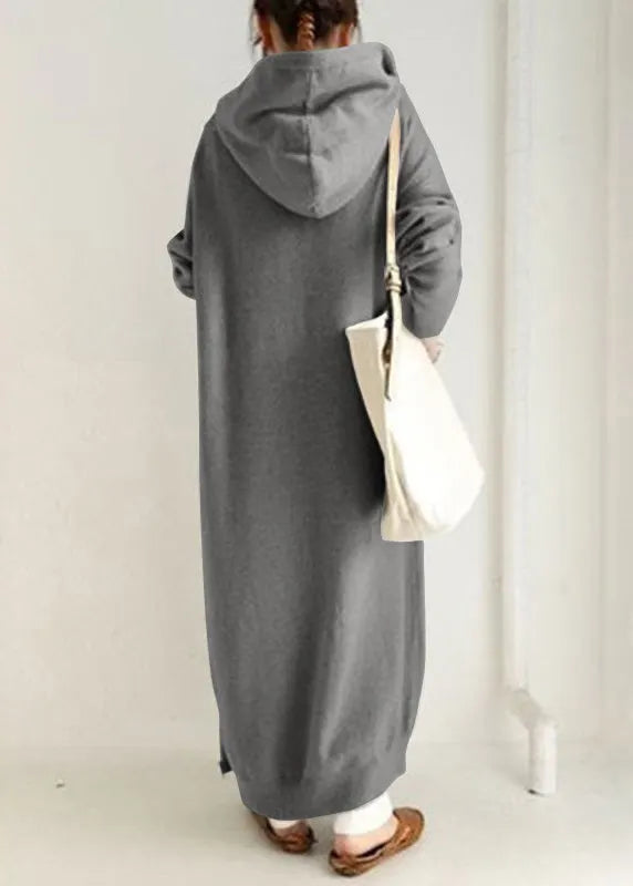 Loose Grey Hooded Zippered Pockets Cotton Long Coats Spring
