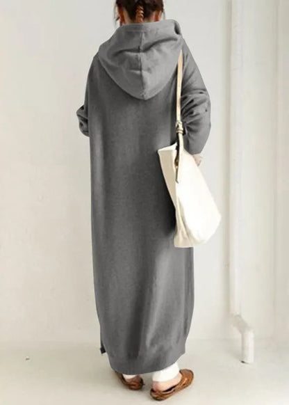 Loose Grey Hooded Zippered Pockets Cotton Long Coats Spring