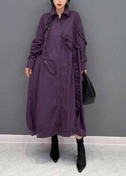 Purple Peter Pan Collar Ruffled Cotton Long Dress Spring