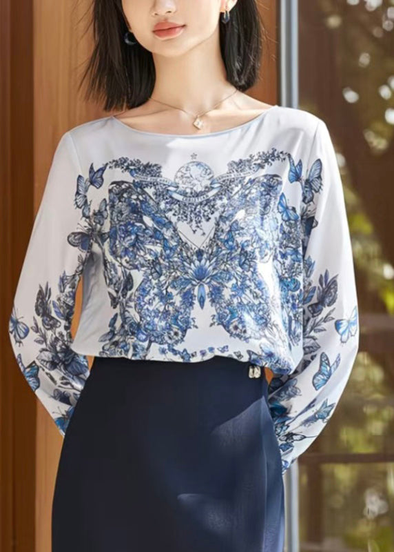 Blue O-neck Print Shirt Fall