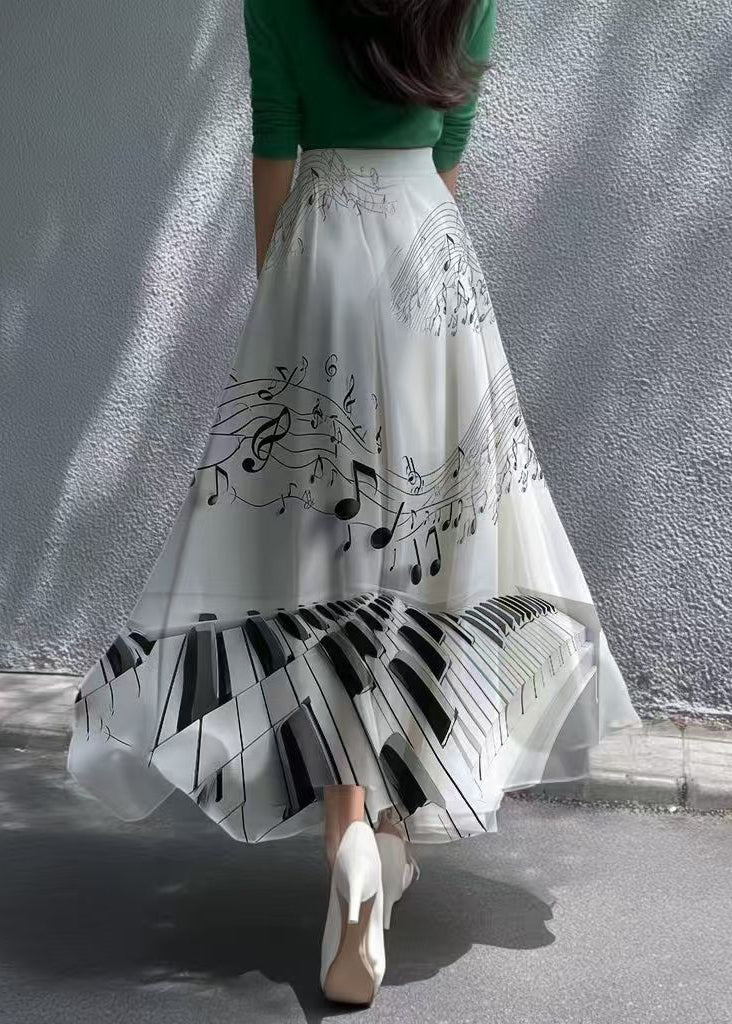 Modern White Print Draping Chiffon Skirts Exra Large Hem Fall