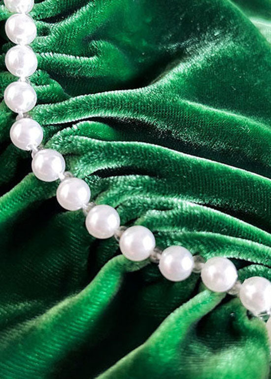 Green V Neck Nail Bead Patchwork Wrinkled Velour Dress Spring