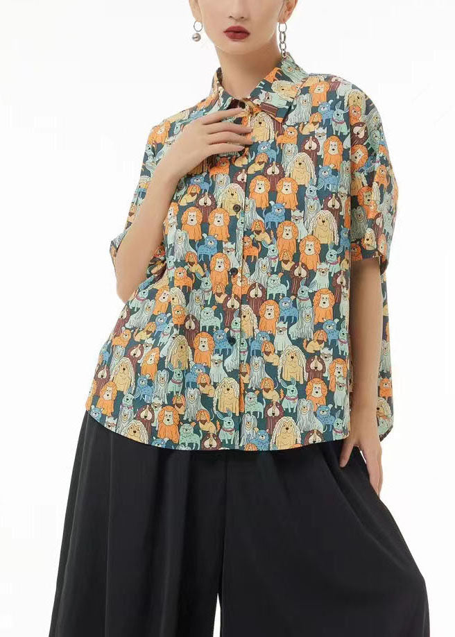 Khaki Peter Pan Collar Animal Print Cotton Blouses Summer