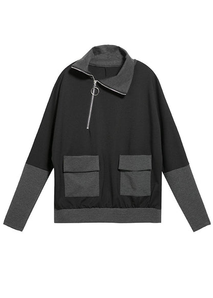 Organic Black Asymmetrical Design Zippered Pockets Patchwork Fall Top Long Sleeve