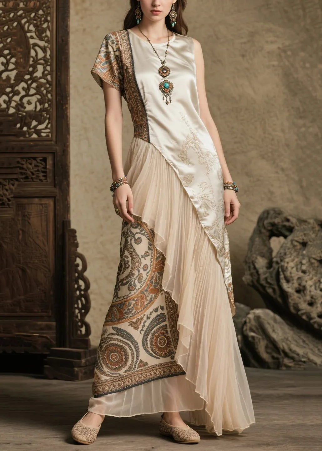 Beige Asymmetrical Patchwork Print Silk Robe Dresses Summer