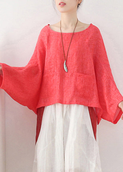 Red O-neck Linen Pullover Sweatshirt Batwing Sleeve