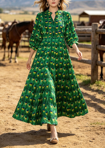 Green V Neck Print Cotton Long Dresses Summer