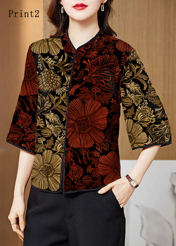 White Text Mandarin Collar Print Silk Shirt Tops Half Sleeve