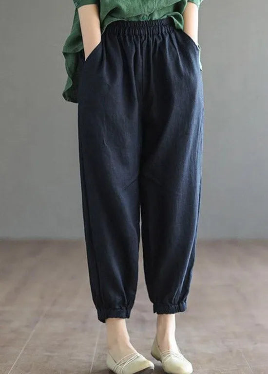 Navy Elastic Waist Harem Cotton Pants Summer