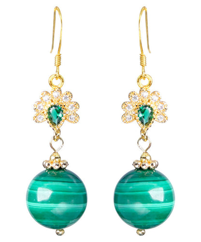 Stylish Green Sterling Silver Overgild Zircon Malachite Drop Earrings