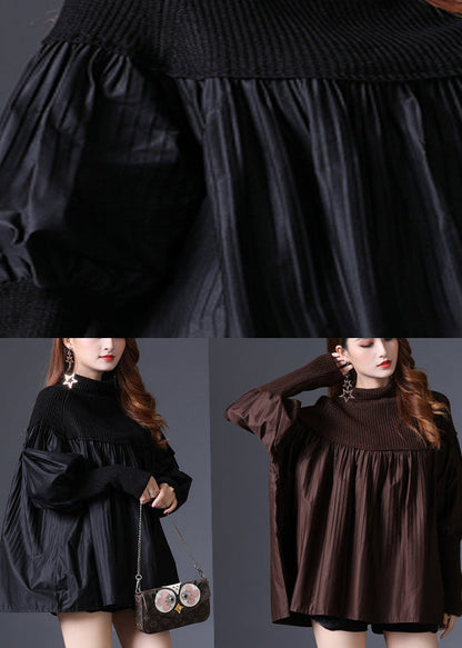 Black Turtleneck Knit Patchwork Cotton Sweater Long Sleeve