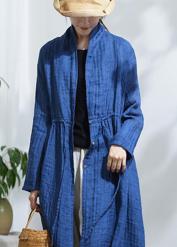 Blue Bow Button Drawstring Trench Coats Long Sleeve