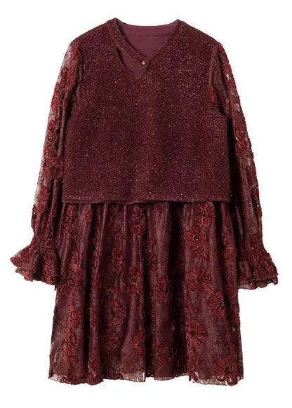 Modern Red O-neck Patchwork Fake Two Pieces Long Dresses Spring