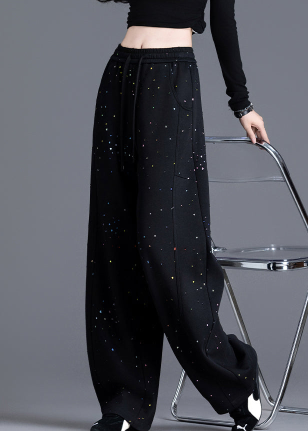 Black Pockets Print Elastic Waist Denim Pants Spring