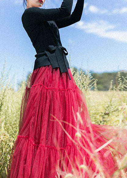 Classy Red Cinched Tulle Pleated Skirt Spring