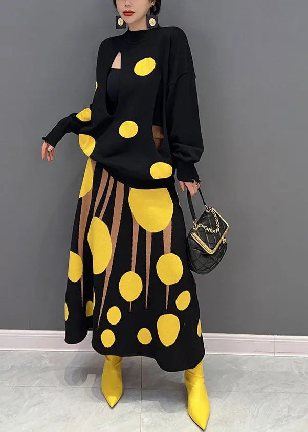 Fine Colorblock Turtleneck Print Knit Two Pieces Set Spring