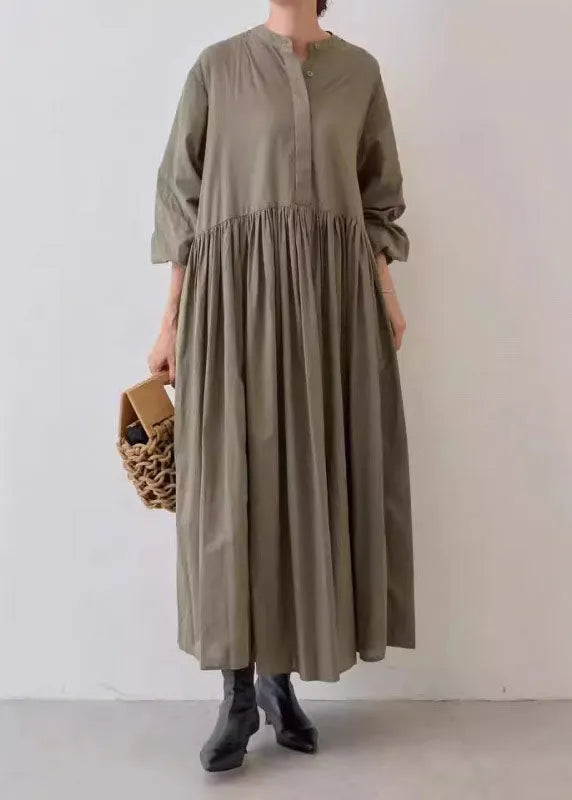 Grey Wrinkled Patchwork Cotton Dresses Lantern Sleeve