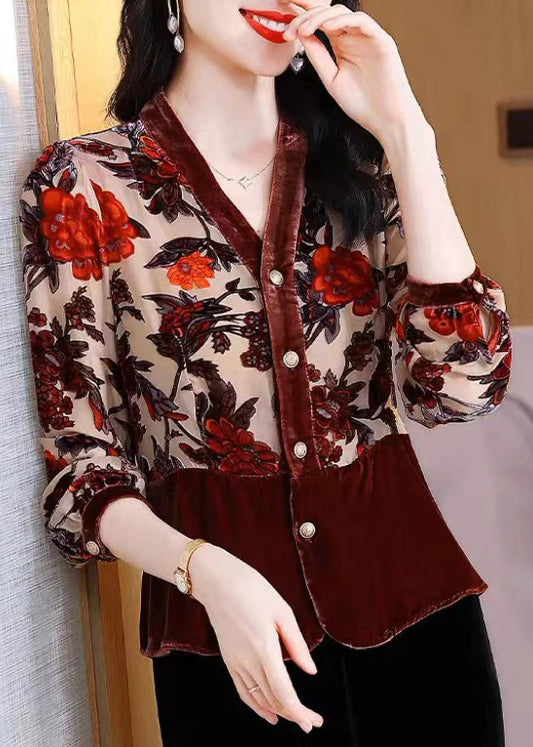 Brown V Neck Print Button Patchwork Velour Shirt Tops Fall