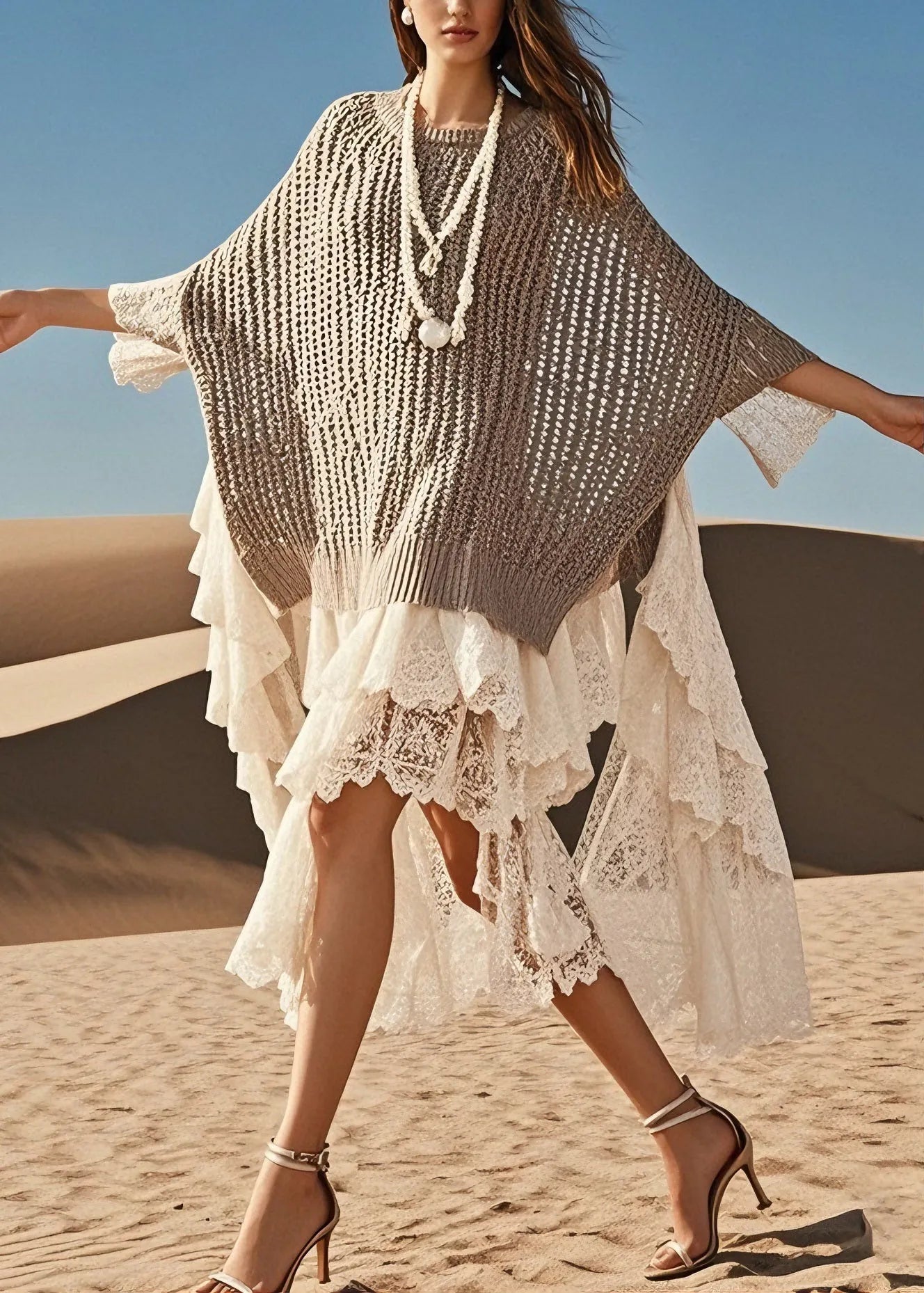 French O Neck Hollow Out Lace Patchwork Knit Sweater Dress Summer