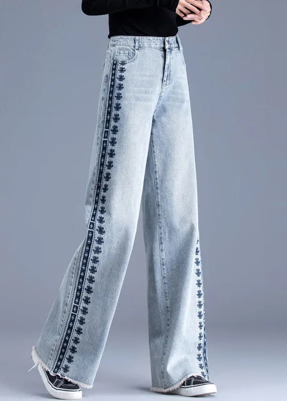 Blue Embroidered Pockets Patchwork Denim Pants Spring