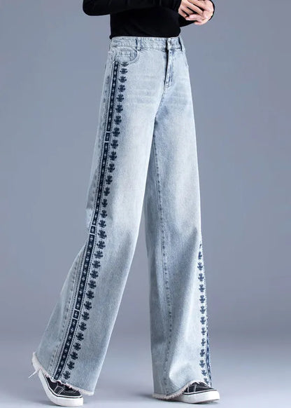 Blue Embroidered Pockets Patchwork Denim Pants Spring