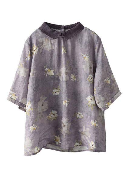 Light Purple Peter Pan Collar Print Linen Shirts Short Sleeve