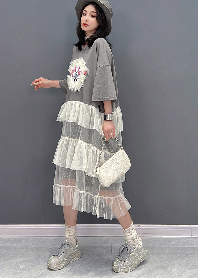 Grey O-neck Patchwork Tulle Dress Short Sleeve