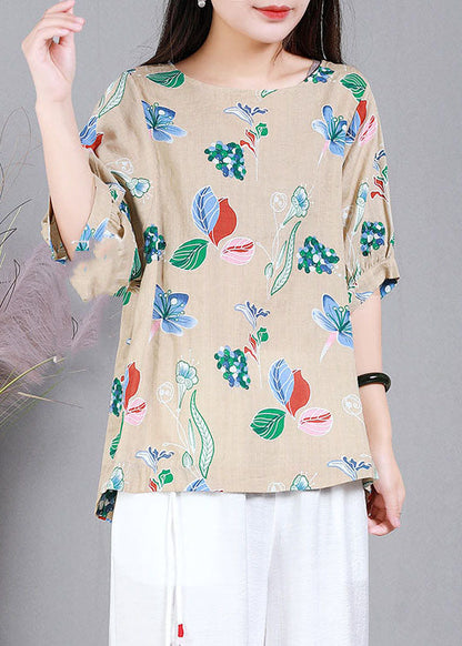 Apricot Print Cotton Original Design Shirts O-neck Half Sleeve