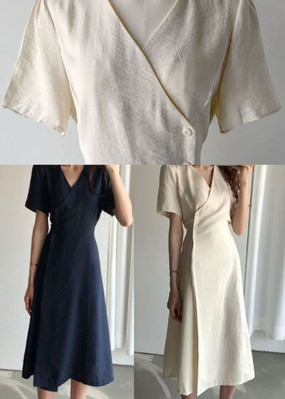 Boutique Beige V Neck Cotton Long Dresses Short Sleeve Summer