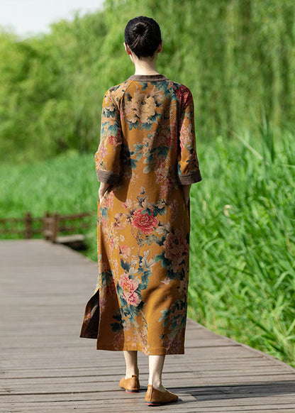 Yellow O-neck Patchwork Print Silk Long Dress Caftan Bracelet Sleeve