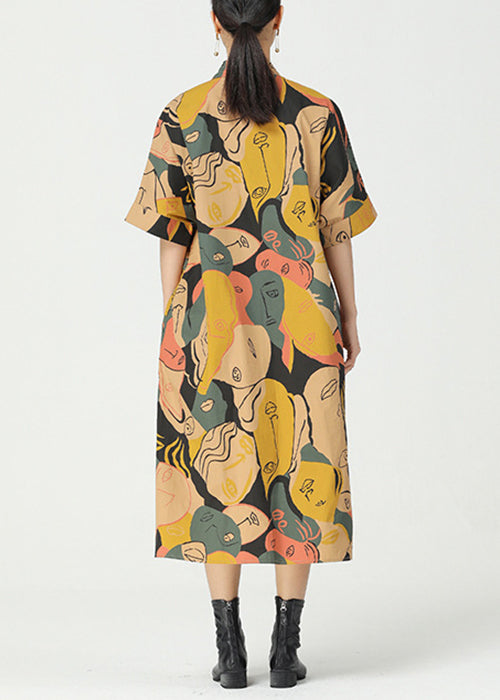 Khaki Print Pockets Patchwork Cotton Shirts Dress Short Sleeve