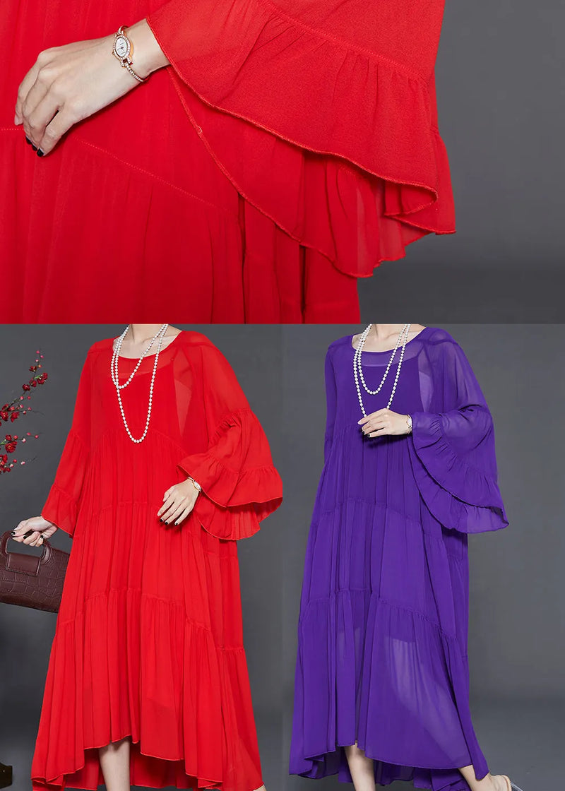 Red Oversized Exra Large Hem Chiffon Dresses Flare Sleeve