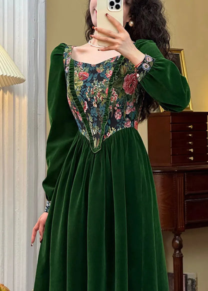 Green Jacquard Ruffled Silk Velour Long Dresses Spring