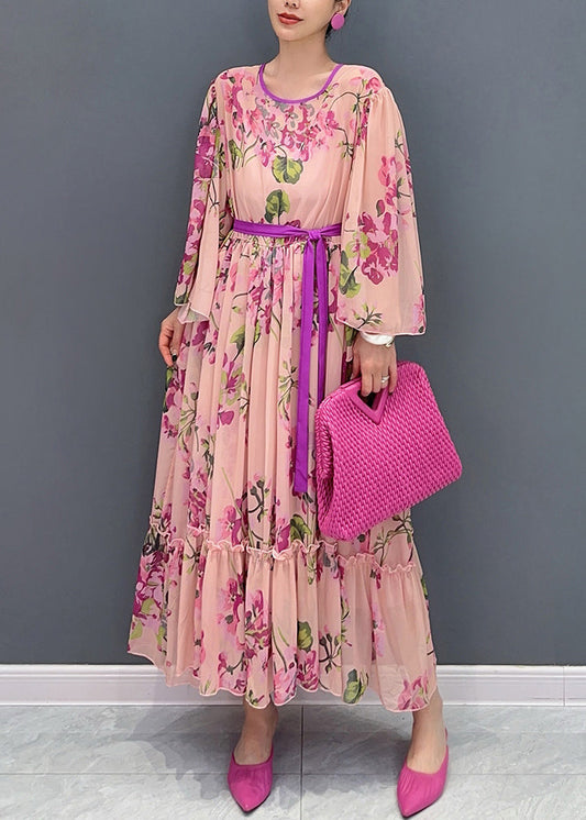 Pink Ruffled Print Tie Waist Chiffon Dress Flare Sleeve